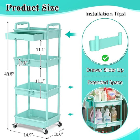 4 Tier Rolling Utility Cart with Drawer, Storage Organizer Cart with 2 Lockable Wheels, Multifunctional Rolling Storage Cart for Bathroom, Kitchen, Craft, Makeup, Baby Essentials, Blue
