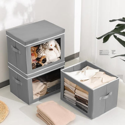 Stackable Storage Bins with Lids - Large Decorative Basket with Lids, Fabric Foldable Closet Organizer Bins, Shelf Organizer for Living Room, Dorm, 5 Pack, Grey