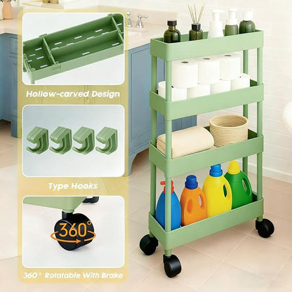 ShellKingdom 4 Tier Bathroom Storage Organizer, Slim Rolling Storage Cart for Narrow Space, Mobile Shelving Unit with Lockable Wheels and Hooks for Bathroom, Kitchen, Laundry Movable Shelf (Green)