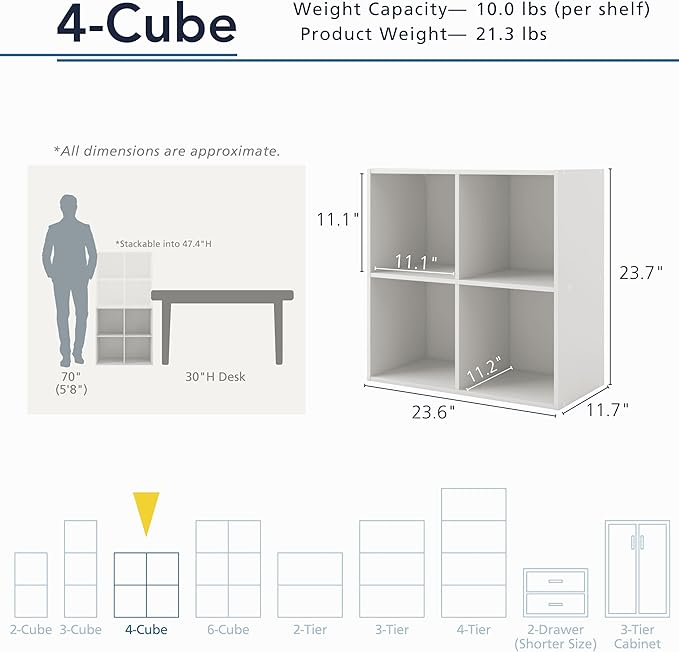 Homes: Inside + Out Apexa 4-Cube Storage Organizer Shelves, Stackable Wood Bookcase Fits Cubby Bins for Organization, Dorm Teen Room Decor & Home Office, Steel Blue