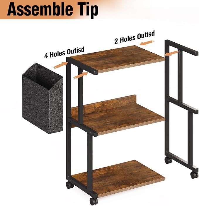 Ostreeful 3 Tier Printer Stand Rustic Brown Printer Mobile Wooden Printer Shelf Table Organizer for Home Office Kitchen