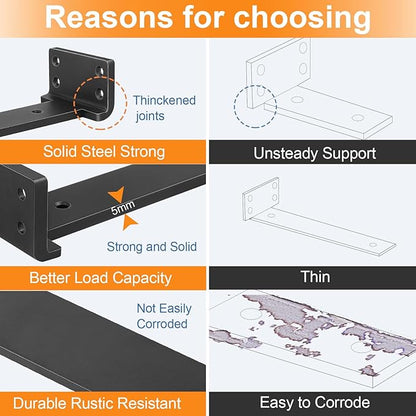 Floating Shelf Brackets 8 inch 10 Pack L Brackets for Shelves Black Metal Heavy Duty Shelf Bracket for DIY Decorative with Mounting Hardware