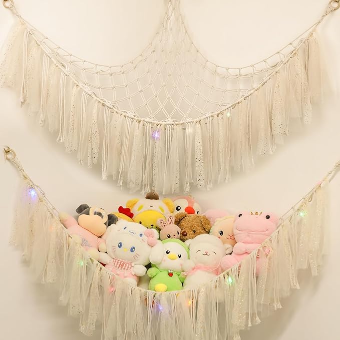 Stuffed Animal Hammock with LED Lights - 59 Inch Large Toy Storage Net for Kids Bedroom, Wall-Mounted Plush Organizer with Wooden Rings, Nursery Decor (Handwoven, White)
