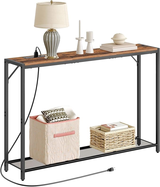 Sofa Table with Power Outlet, 43.7" Console Table with USB Ports, Behind Couch Table, Entryway Table for Living Room, Hallway, Foyer, Metal Frame, Adjustable Feet, Rustic Brown CTHR11E01Z1N1