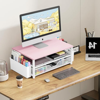 OPNICE Desk Organizers and Accessories, 2-Tier Computer Monitor Stand Riser with Drawer and 2 Pen Holders, Laptop Stand, Office Desk Accessories for Office Supplies, Pink Wood