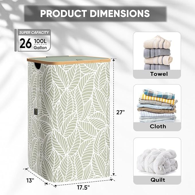 BALEINE Laundry Hamper with Lid, Tall Laundry Baskets with Bamboo Pull Handles, Large Laundry Bin with Internal Support (26 Gal/100L, Antique Foliage)