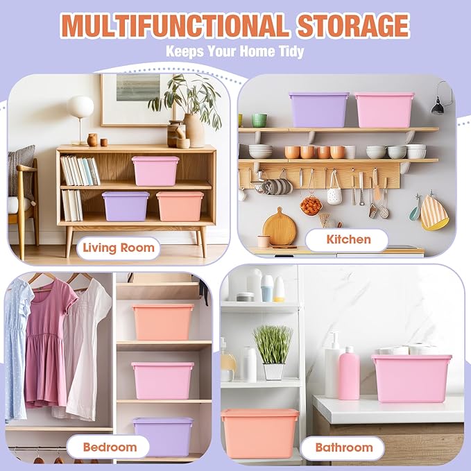 6 Pack Cute Plastic Storage Bins with Lids Decorative Stackable Storage Boxes 9.8" ×7.3" ×5.7" Small Storing Totes for Organizing Craft Office Supplies (Pink,Purple,Orange)
