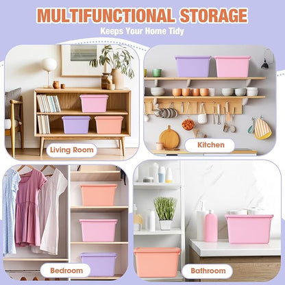 6 Pack Cute Plastic Storage Bins with Lids Decorative Stackable Storage Boxes 9.8" ×7.3" ×5.7" Small Storing Totes for Organizing Craft Office Supplies (Pink,Purple,Orange)