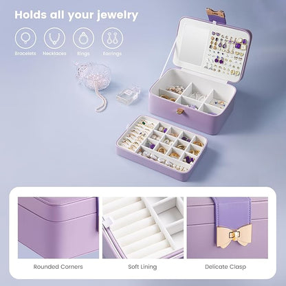 Lolalet 2 Layer Jewelry Box for Teen Girls & Young Women, Jewelry Organizer Case with Bow Clasp and Mirror for Earrings Rings Necklaces Storage, Gift Idea -Purple