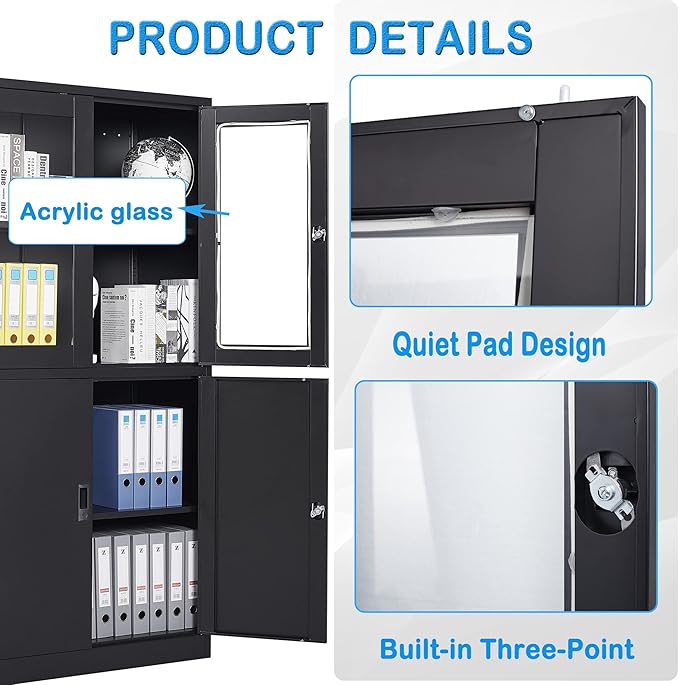 Letaya Storage Cabinet with Doors and Shelves,71" Steel Locker Acrylic Glass Door with Lock, for School Home Office