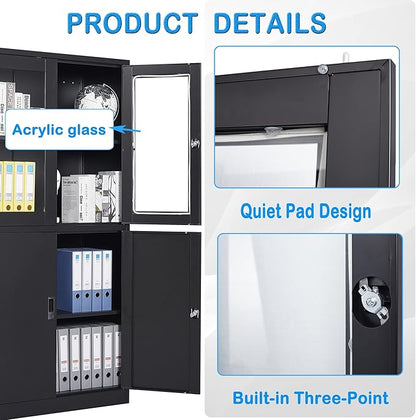 Letaya Storage Cabinet with Doors and Shelves,71" Steel Locker Acrylic Glass Door with Lock, for School Home Office