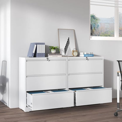 3 Drawer Lateral File Cabinets with Lock,White Metal Lateral Filing Cabinet for Home Office,Wide Steel Storage Cabinet Commercial Drawer Cabinet for Legal/Letter/A4 Size Files