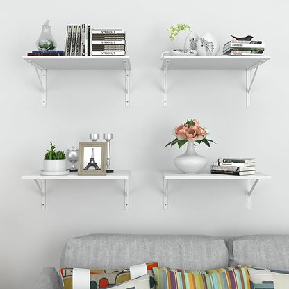 Deep Floating Wall Shelves - 4 Sets of 12 Inch Wide White Wood Shelves for Bathroom, Bedroom, Kitchen, Living Room