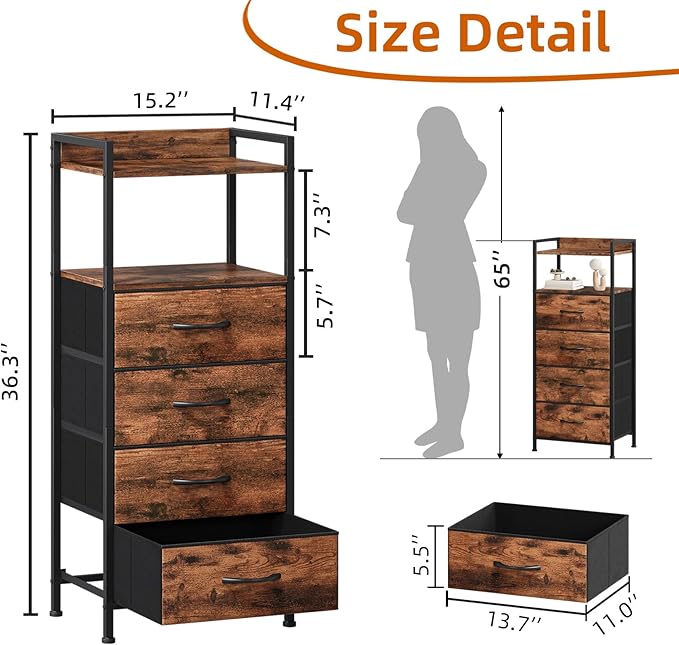 Somdot Night Stand with 4 Drawers, Vertical Storage Tower Fabric Dresser for Bedroom, Nightstand Bedside Table Furniture, Sturdy Steel Frame, Wooden Top & Easy Pull Fabric Bins, Wood Grain Print