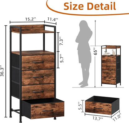 Somdot Night Stand with 4 Drawers, Vertical Storage Tower Fabric Dresser for Bedroom, Nightstand Bedside Table Furniture, Sturdy Steel Frame, Wooden Top & Easy Pull Fabric Bins, Wood Grain Print