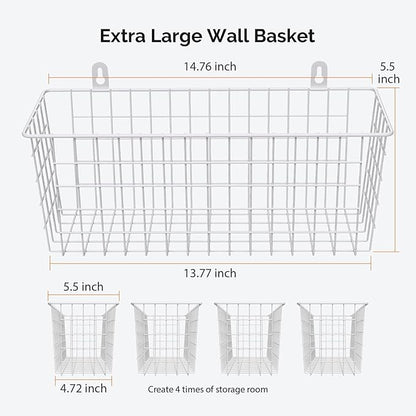 MaraFansie Wire Basket 4-Pack [Extra Large] Hanging Wall Organizer Cabinet Storage Basket Wall Mounted Shelves Rustic Farmhouse Decor for Home Kitchen Bathroom, White