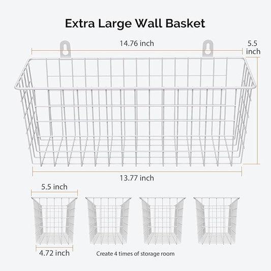 MaraFansie Wire Basket 4-Pack [Extra Large] Hanging Wall Organizer Cabinet Storage Basket Wall Mounted Shelves Rustic Farmhouse Decor for Home Kitchen Bathroom, White
