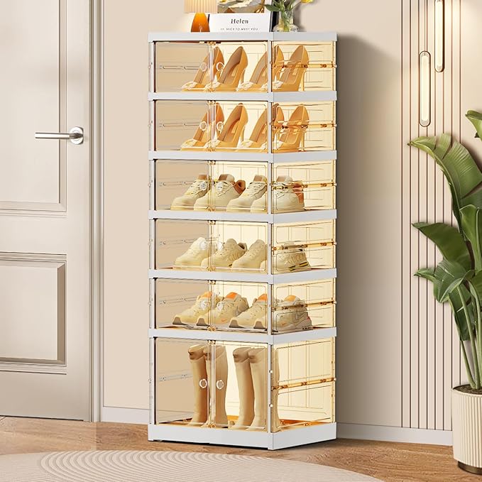6-Tier Foldable Shoe Rack for Closet Entryway 6-12Pairs,Stackable Clear Shoe Storage Boxes Organizer with Door Plastic Small Shoe Cabinet Bins with Lids Narrow Shoe Shelf Easy Assembly