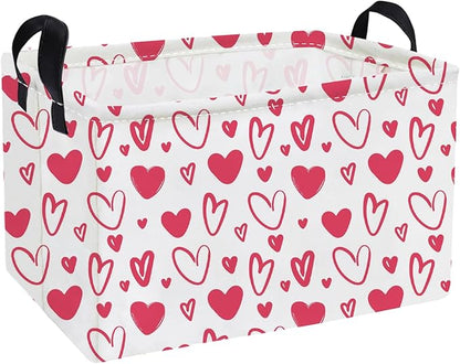 Essme Rectangular Valentine's Day Basket,Pink Heart Storage Bins Organizer with Handles for Girls Room Decor, Gift Basket,Shelf Basket.(Pink Valentine's Day)