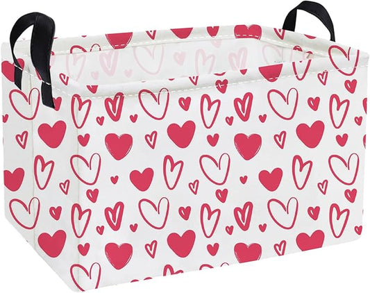 Essme Rectangular Valentine's Day Basket,Pink Heart Storage Bins Organizer with Handles for Girls Room Decor, Gift Basket,Shelf Basket.(Pink Valentine's Day)