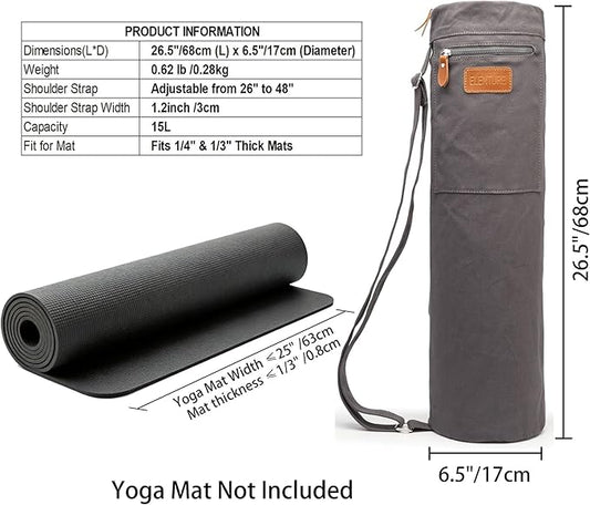 Canvas Yoga Mat Bag with Adjustable Strap & Pockets, Full-Zip Travel Gym Tote for Women & Men, Fits 1/4" & 1/3" Thick Mats, Lightweight Carrier for Yoga, Studio, Workout, Outdoor Use