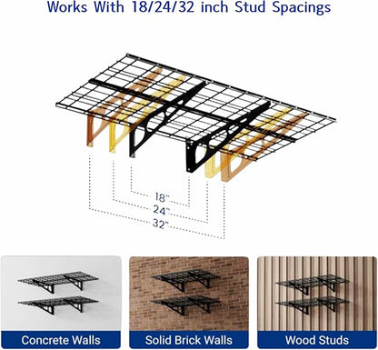 Garage Wall Shelving Heavy Duty,Garage Shelves 2-Pack 48"x24" (2x4 Ft) Metal Wall Mounted Storage with 600 lbs Total Capacity, Black