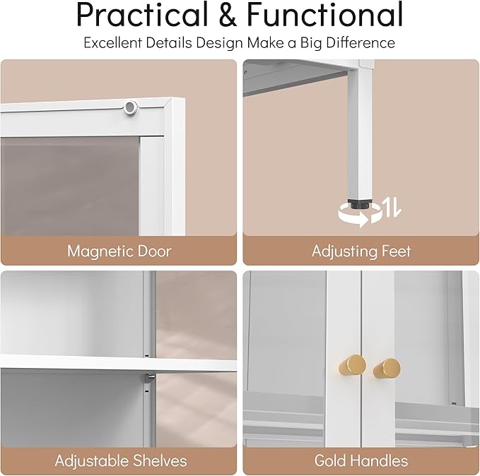 Glass Display Cabinet with Glass Doors, White Curio Cabinet with 3 Side Tempered Glass, 66" Tall Bookcase Display Case for Collectibles, Metal Storage Cabinet for Living Room, Assemble Required