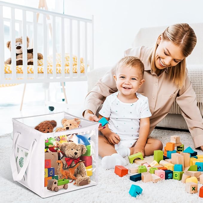 4 Pack Clear Toy Storage Bins with Lids - 12" x 12" Storage Cube Bins, Foldable PVC Boxes with Handles, Storage Organizers for Toys, Clothes, Blocks, Stuffed Animal Storage(White)