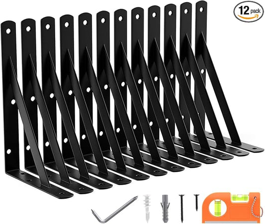 12-Pack 9 Inch Heavy Duty Shelf Brackets, Large Floating Wall Bracket for Garage Storage Shelves, Black Powder-Coated Finish, Load Capacity 800lbs