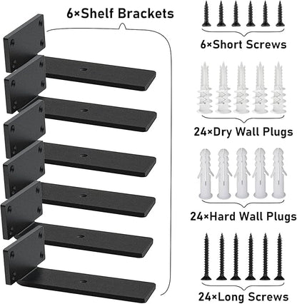 Heavy Duty Floating Shelf Brackets - 1/5 Inch Thick Industrial Black Metal L Brackets, Premium Solid Steel Shelf Supports for Shelves - 5 Inch Heavy Floating Shelves Hardware (6Pcs)