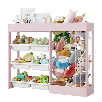50.6" W Toy Organizers and Storage, 3-in-1 Kids Toy Storage Cabinet with Stuffed Animal Holder, 6 Plastic Removable Bins, Wooden Shelf for Girls Boys Playroom, Nursery, Kids Room(Pink)