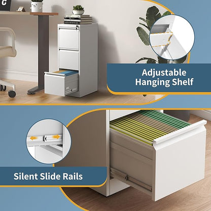 3 Drawer File Cabinet with Lock, Vertical Filing Cabinets for Home Office, Metal Storage Cabinets, Heavy Duty File Cabinet for Letter/Legal/A4/F4 Size Amsseble Required, White