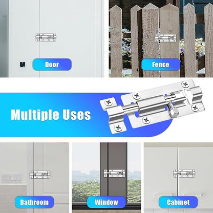 4 Pack Slide Lock, 3 Inch Barrel Bolt Latch, Door Latch Lock with 24 Screws, Stainless Steel Slide Locks for Inside Door