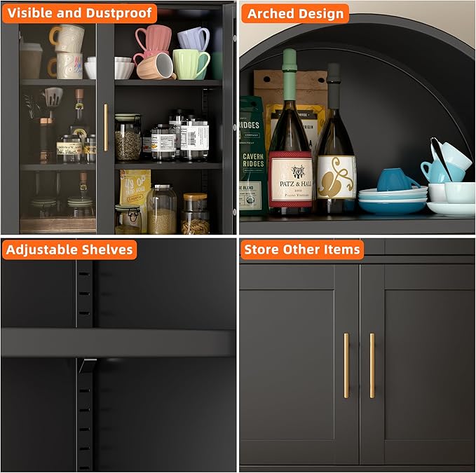 Metal Arched Bookcase Cabinet with 4 Doors,Arched Kitchen Pantry Cabinet for Home Office Living Room,Required Assembly,Black