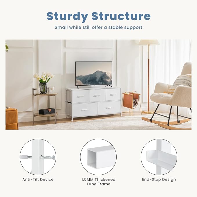 DUMOS Dresser for Bedroom, 5 Storage Drawers, Wide Fabric Closet Chests Organizer Tower Furniture with Wooden Top Metal Frame for Clothes, Guest Room, Living Room, Hallway, Entryway