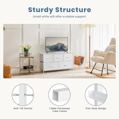 DUMOS Dresser for Bedroom, 5 Storage Drawers, Wide Fabric Closet Chests Organizer Tower Furniture with Wooden Top Metal Frame for Clothes, Guest Room, Living Room, Hallway, Entryway