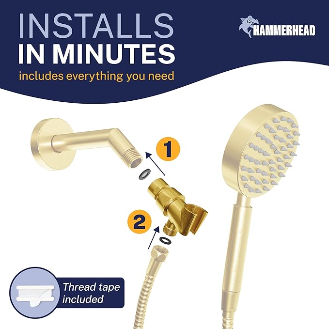 HammerHead Showers Solid Metal Handheld Showerhead Holder, Adjustable Wand Holder with Universal Wall Hook Bracket and Brass Pivot Ball, Brushed Gold