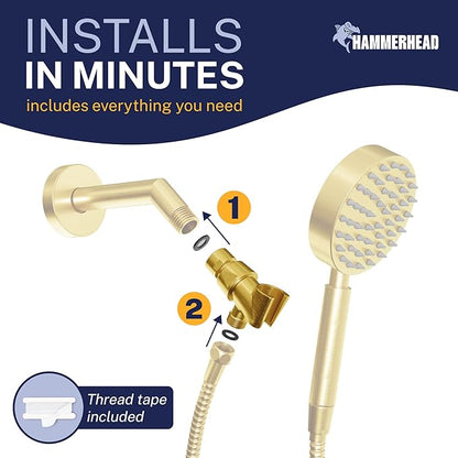 HammerHead Showers Solid Metal Handheld Showerhead Holder, Adjustable Wand Holder with Universal Wall Hook Bracket and Brass Pivot Ball, Brushed Gold