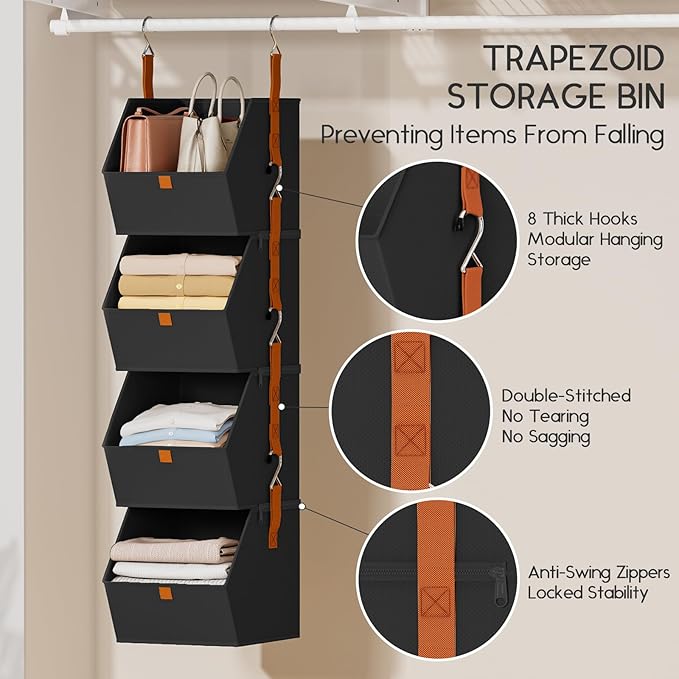 Hanging Closet Organizer 4 Tier - Clothes Hanging Shelves, Space-Saving Closet System, Fabric Storage Bins Bedroom Organization, Collapsible Baskets for Home, Dorm, Rv, Black, 8 Pack