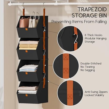 Hanging Closet Organizer 4 Tier - Clothes Hanging Shelves, Space-Saving Closet System, Fabric Storage Bins Bedroom Organization, Collapsible Baskets for Home, Dorm, Rv, Black, 8 Pack