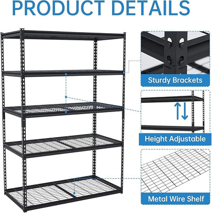 2500 Lbs Capacity Heavy Duty Garage Shelving, 48x24x72 Inch 5-Tier Metal Wire Shelves, Adjustable Industrial Storage Rack for Garage, Basement, Warehouse Organization