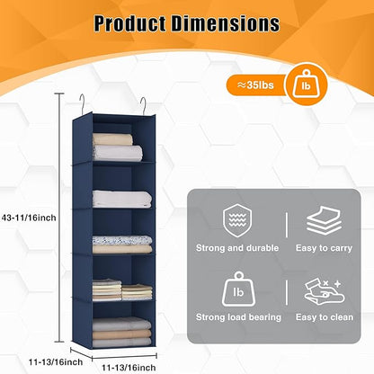 Hanging Closet Organizer and Storage 5-Shelf, Easy Mount Foldable Hanging Closet Wardrobe Storage Shelves, Clothes Handbag Shoes Accessories Storage, Washable Oxford Cloth Fabric, Navy Blue