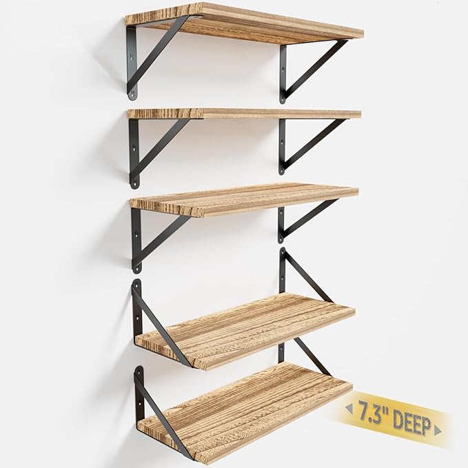 Wall Shelves 7.3" Deep Set of 5, Solid Paulownia Wood Wider Longer Sturdy Easy to Install Wall Mounted Bookshelves Storage Shelves Bathroom Home Office Laundry Room Bedroom Organizer