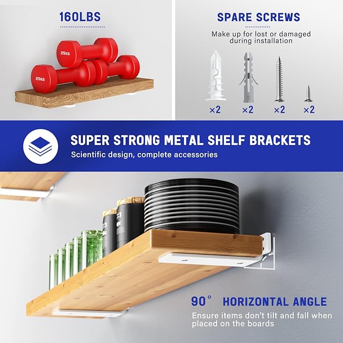 Goovilla Shelf Bracket, Heavy Duty Floating Shelf Brackets 6 inch Long, 6 Pack Brackets for Shelves, White Coated Metal Wall Shelf Support Brackets with 1/5 Inch Thick and 160 lb. Load Capacity