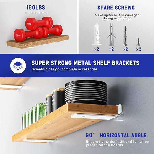 Goovilla Shelf Bracket, Heavy Duty Floating Shelf Brackets 4 inch Long, 6 Pack Brackets for Shelves, White Coated Metal Wall Shelf Support Brackets with 1/5 Inch Thick and 160 lb. Load Capacity