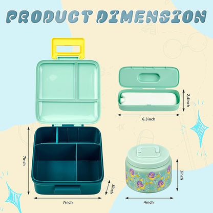 Bento Lunch Box for Kids with 8oz Soup Thermo Leak-Proof Lunch Food Containers with Snack Sauce Container for Kid Girls Boys to School (Yellow Mermaid)