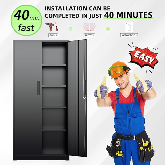 Bonusall 72" Storage Cabinet,2 Locking Doors & 4 Adjustable Shelves,Tall Cabinets,Heavy Duty Steel Cabinet for Home, Office, Warehouse, School (Black)