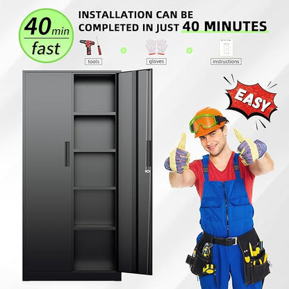 Bonusall 72" Storage Cabinet,2 Locking Doors & 4 Adjustable Shelves,Tall Cabinets,Heavy Duty Steel Cabinet for Home, Office, Warehouse, School (Black)