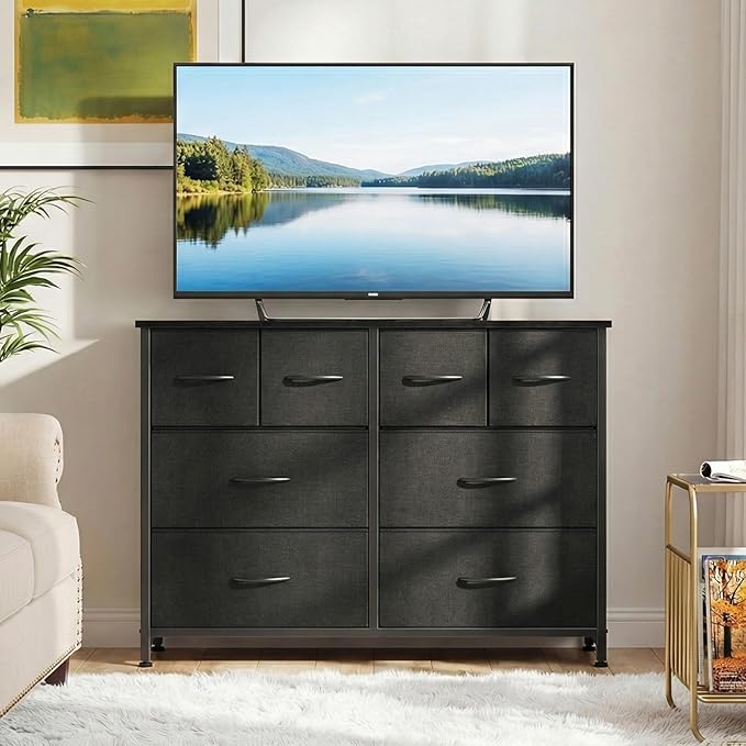 DUMOS TV Stand, Dresser with 8 Fabric Drawers, Spacious Storage Tower for Closet, TV Stand with Wood Top and Mental Frame, Storage Unit for Living Rooms, Bedroom and Entryway, Black