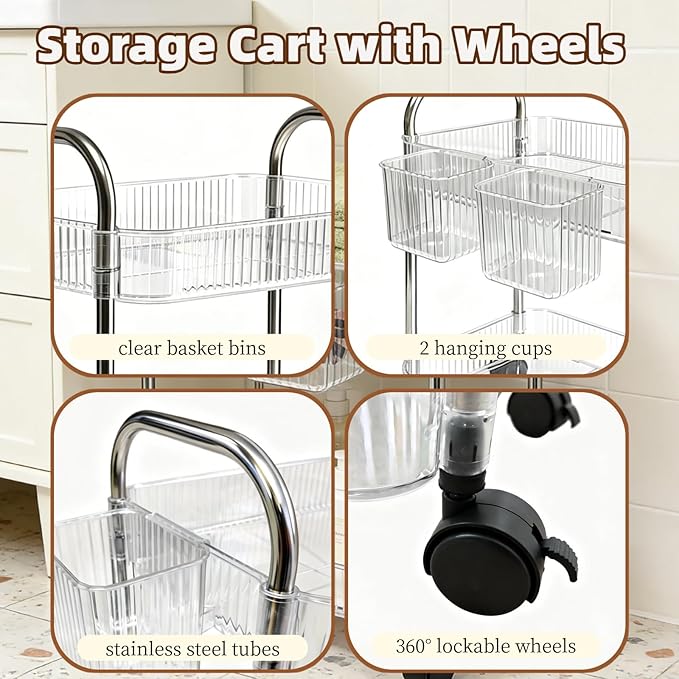 2 Tier Utility Rolling Cart with Wheels Sofa Side Table Small Under Desk Storage Organizer Plastic Mobile Trolley Organization Storage Cart for Kitchen Pantry Bathroom, Transparent